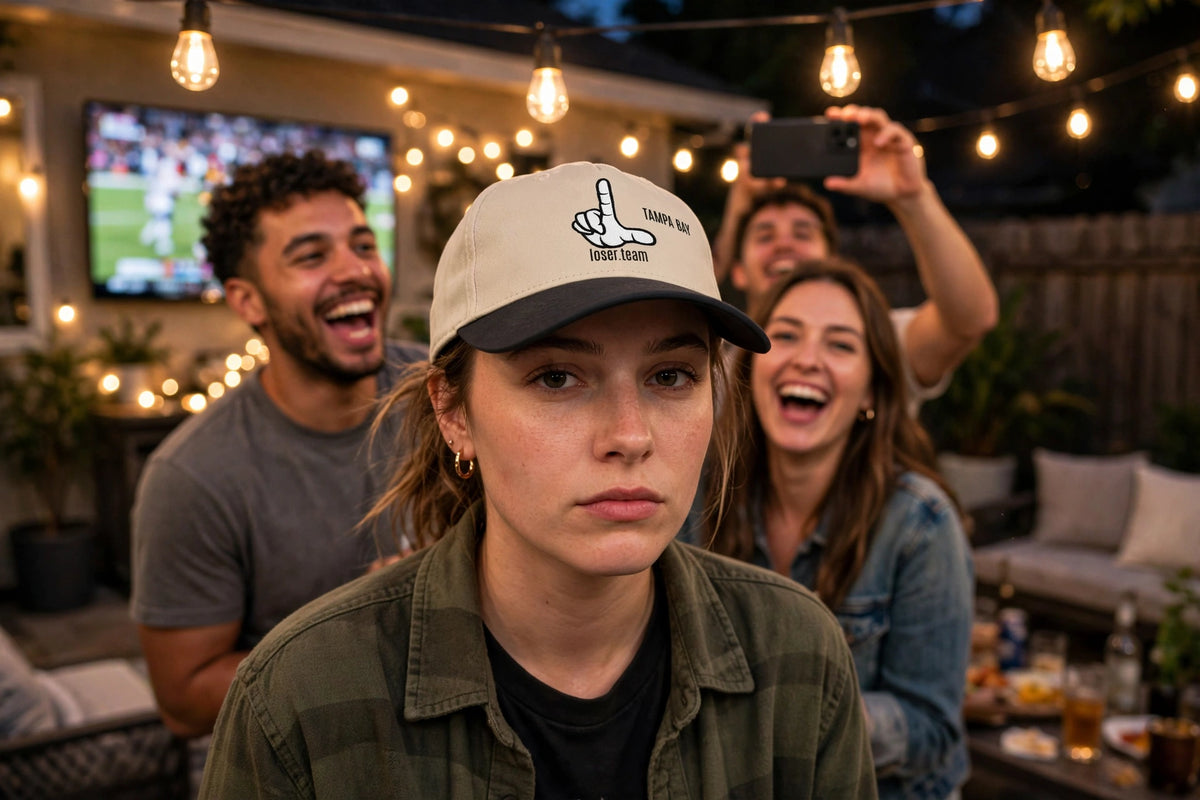 Woman in the Tampa Bay Loser Hat staring deadpan at the camera while her friends laugh behind her at a backyard watch party