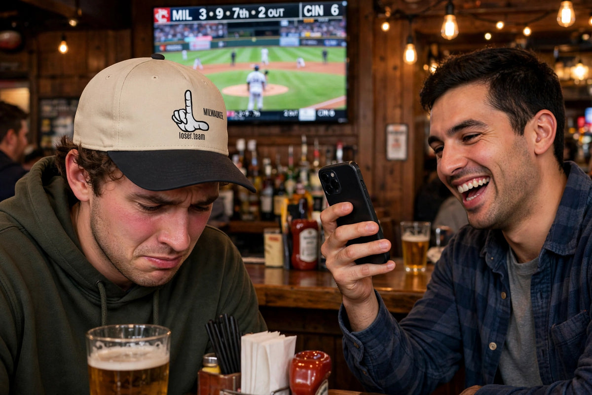 Defeated fan wearing the Milwaukee Loser Hat at a sports bar while his friend laughs and takes his picture