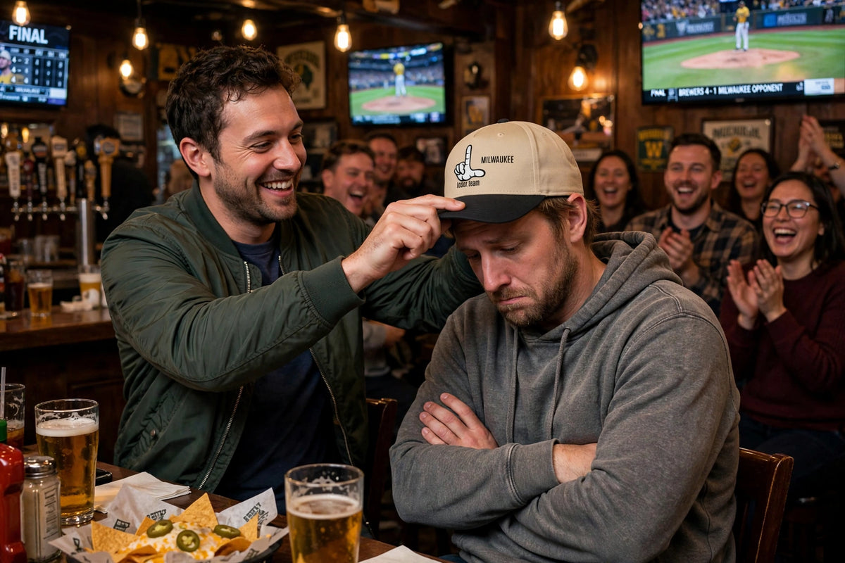 A friend places the Milwaukee Loser Hat on the defeated fan's head like a crown while the bar applauds