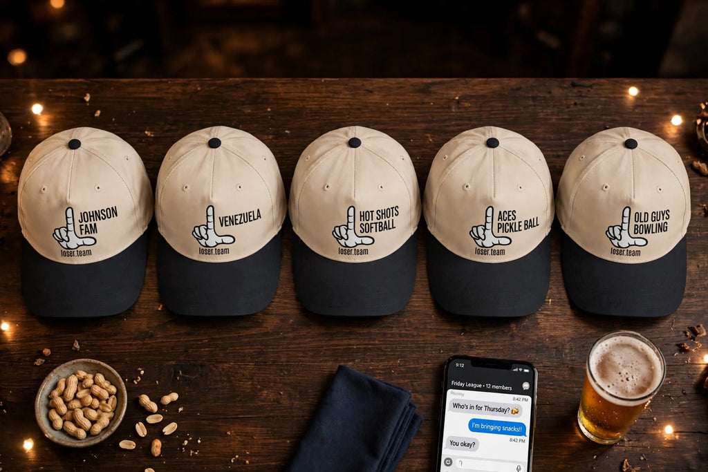 Five Custom Loser Hats: JOHNSON FAM, VENEZUELA, HOT SHOTS SOFTBALL, ACES PICKLE BALL, OLD GUYS BOWLING