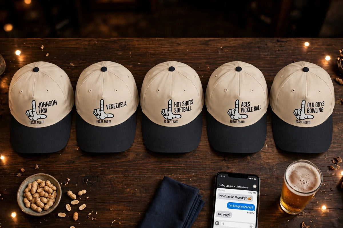 Five Custom Loser Hats: JOHNSON FAM, VENEZUELA, HOT SHOTS SOFTBALL, ACES PICKLE BALL, OLD GUYS BOWLING