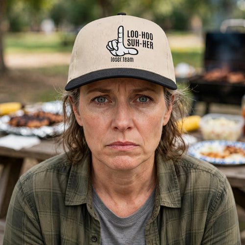 Person wearing a custom loser hat that reads LOO-HOO SUH-HER