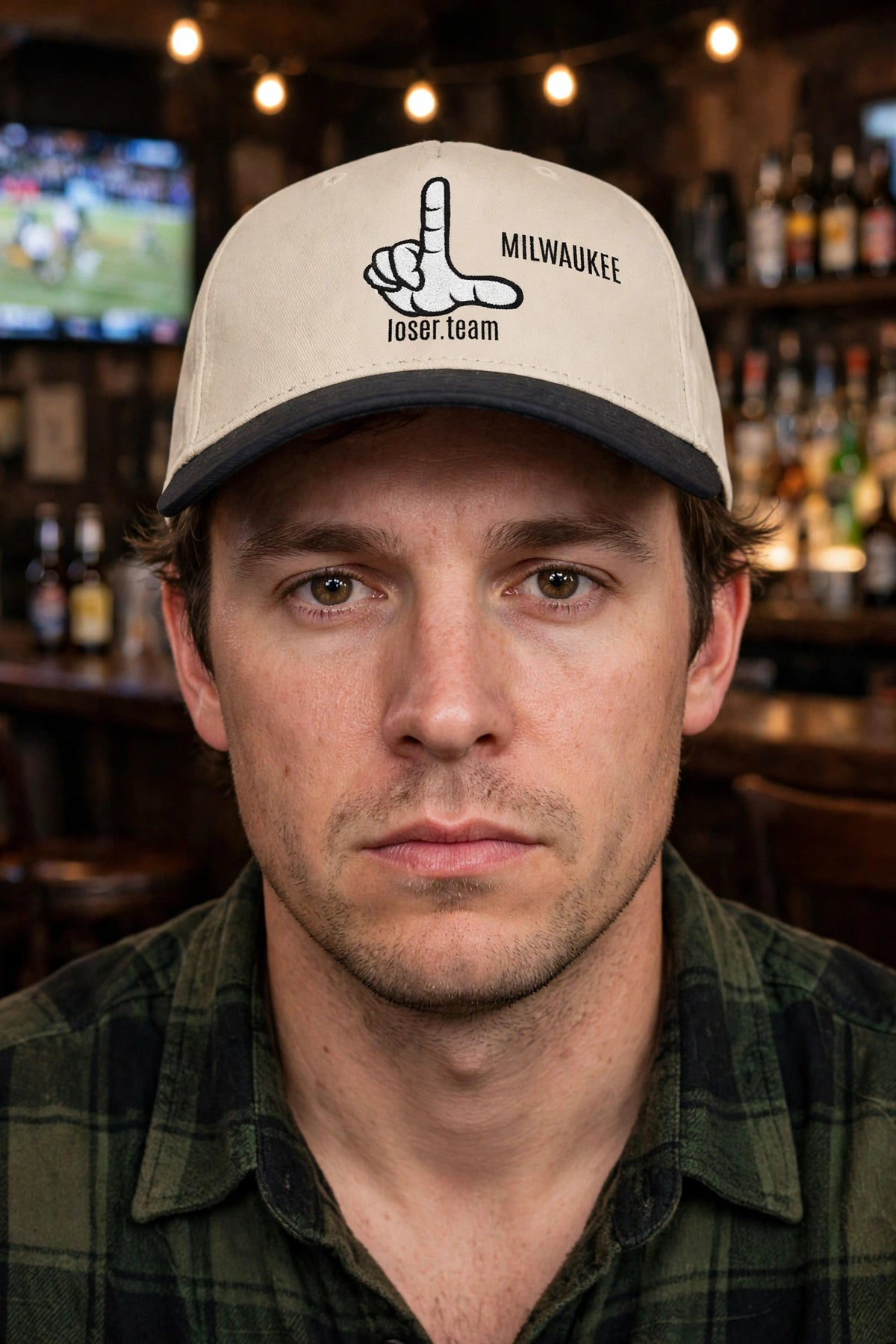 Person wearing the Milwaukee loser hat, deadpan