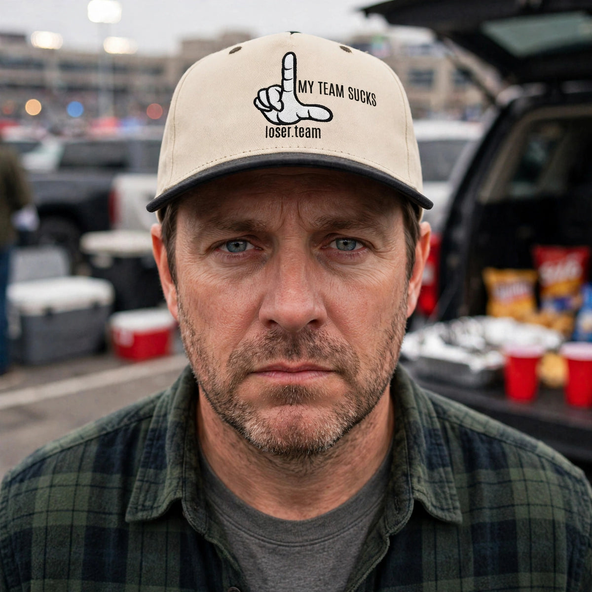 Person wearing the My Team Sucks loser hat, deadpan