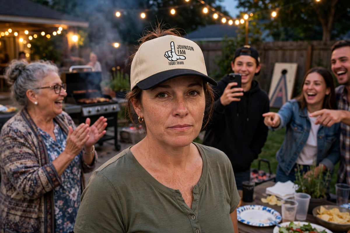 Family reunion: the cornhole loser wears her JOHNSON FAM custom hat