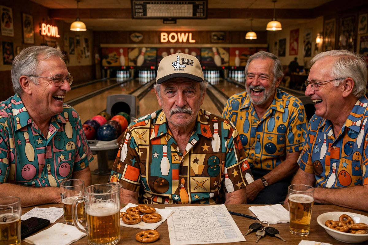 Bowling league night: the loser wears his OLD GUYS BOWLING custom hat