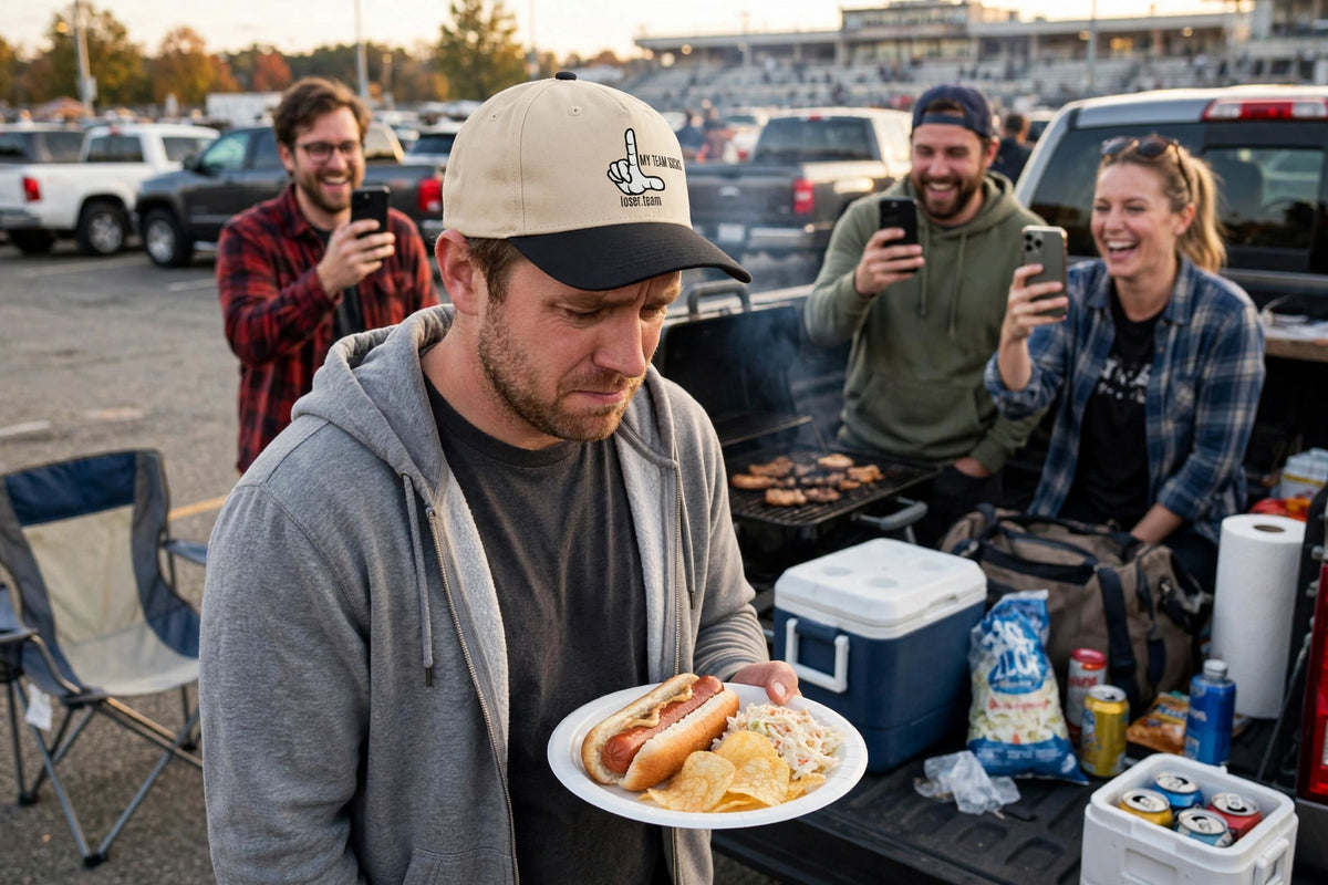 Miserable fan wearing the generic My Team Sucks Loser Hat at a tailgate while friends take photos