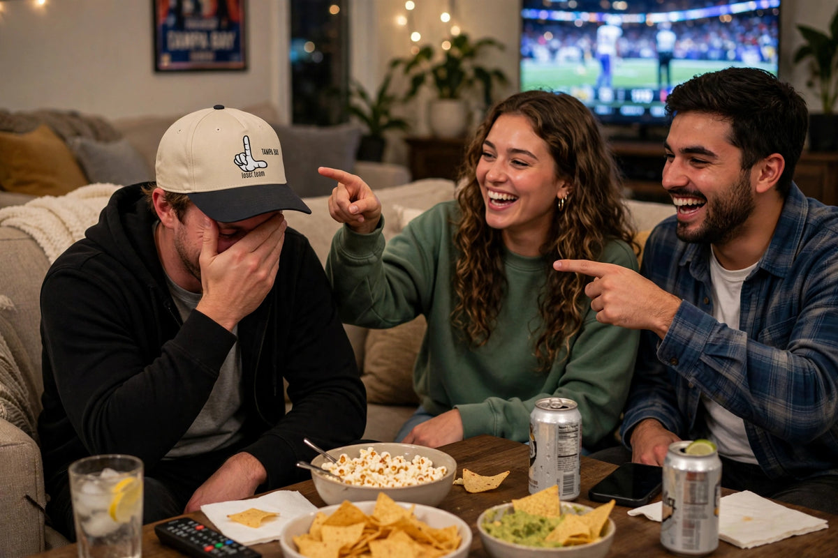 Fan in the Tampa Bay Loser Hat covering his face on the couch while friends point and laugh at a watch party